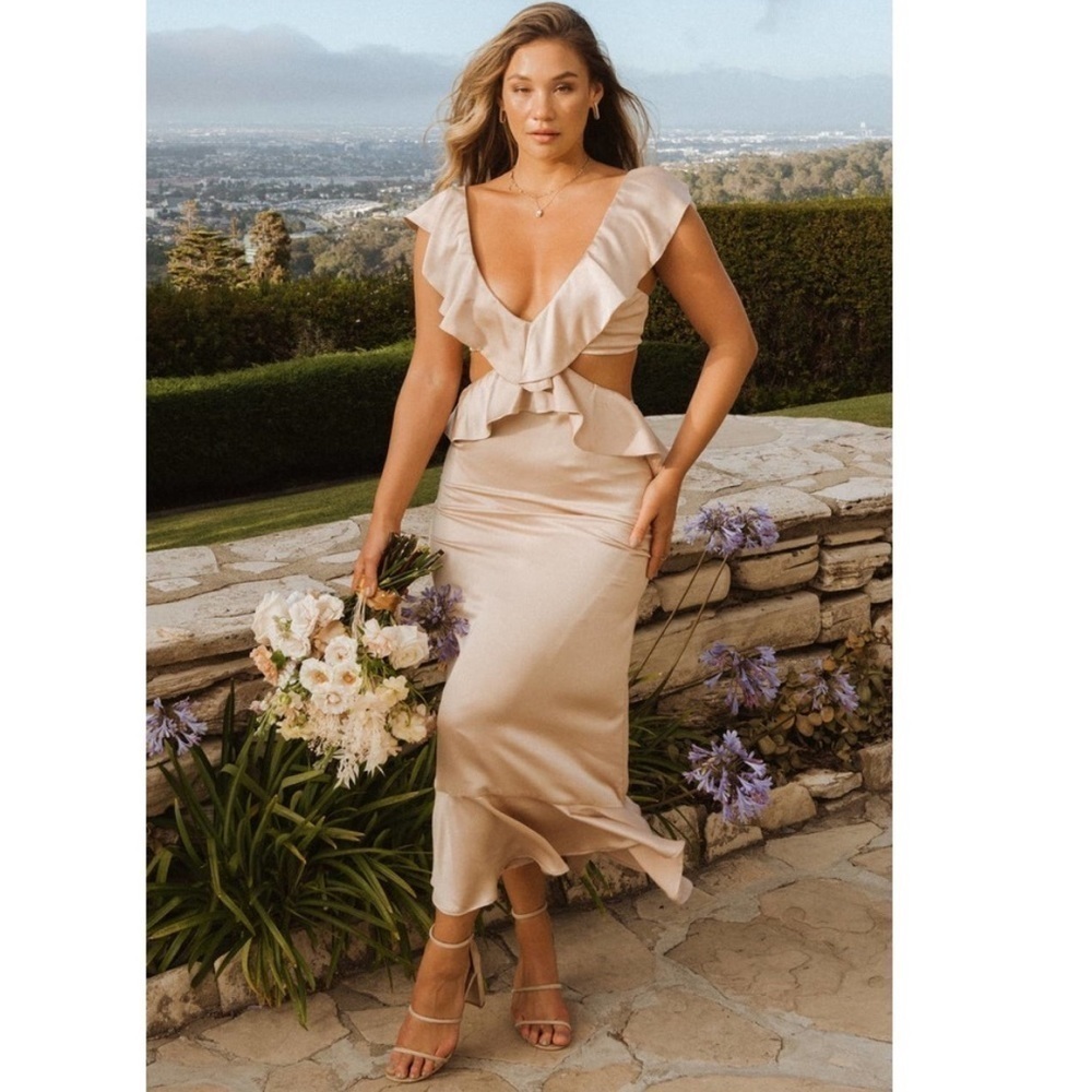 NWT Show Me Your Mumu Zoey Midi Dress in Champagne Luxe Satin